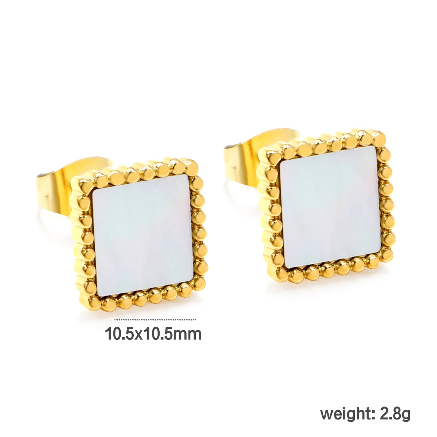 Wholesale Stainless Steel Beaded Edge Square with White Shell Earrings