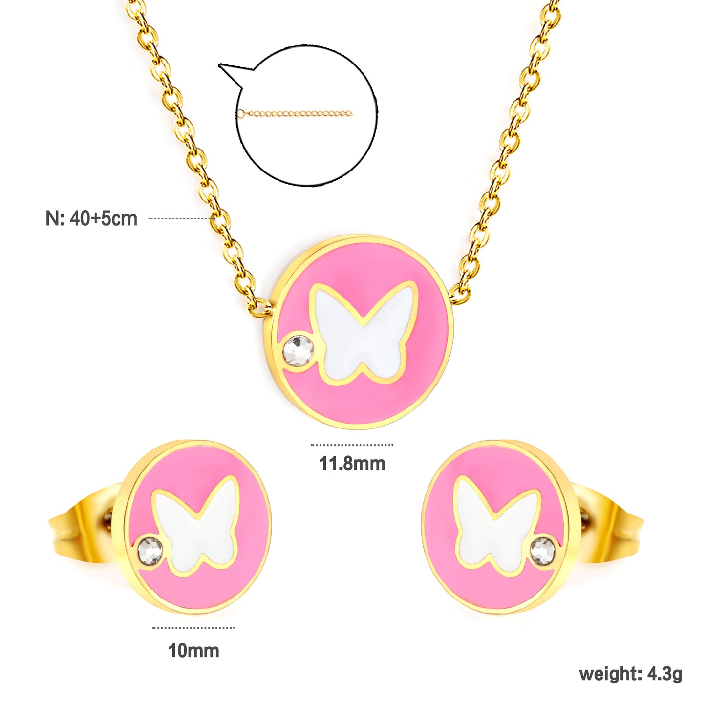 Stainless Steel Gold Round Butterfly with White Diamonds Set & Cross Chain + Round Pendant Jewelry Supplier
