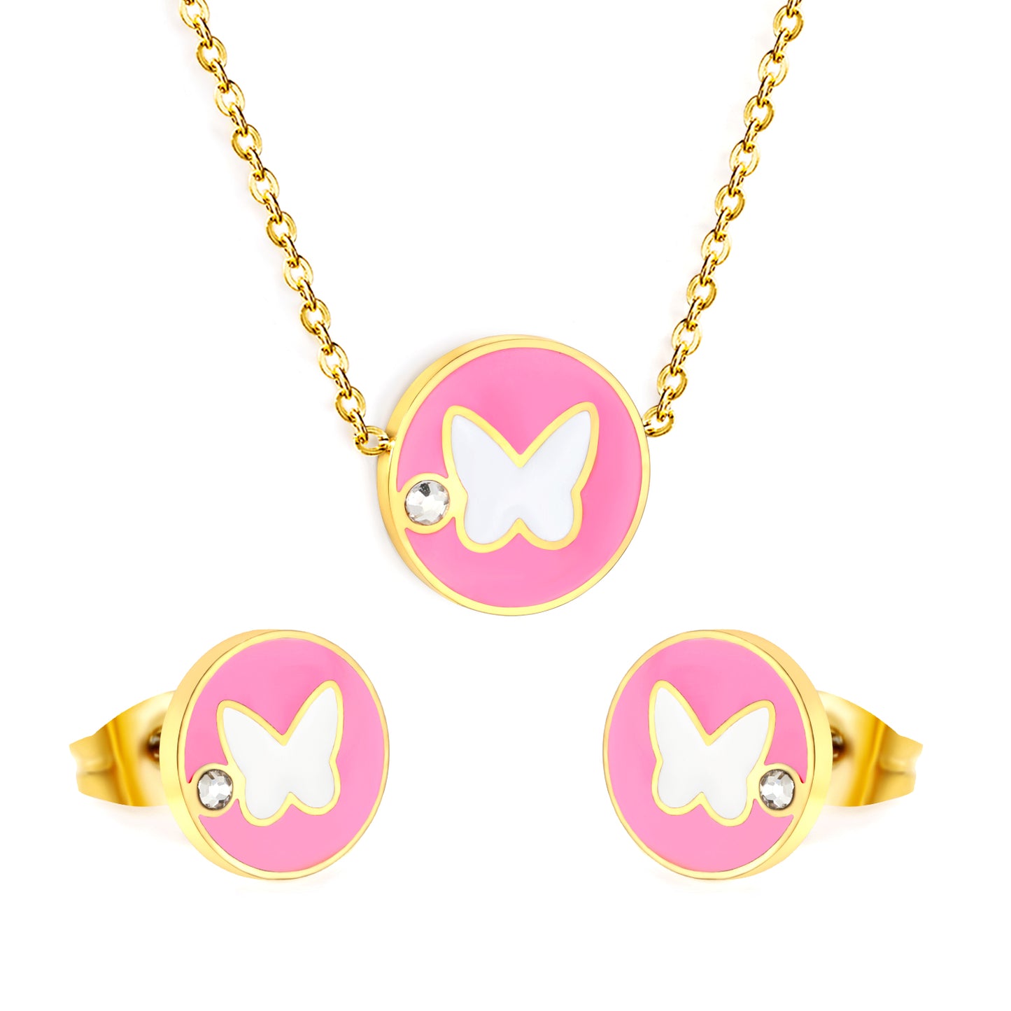 Stainless Steel Gold Round Butterfly with White Diamonds Set & Cross Chain + Round Pendant Jewelry Supplier