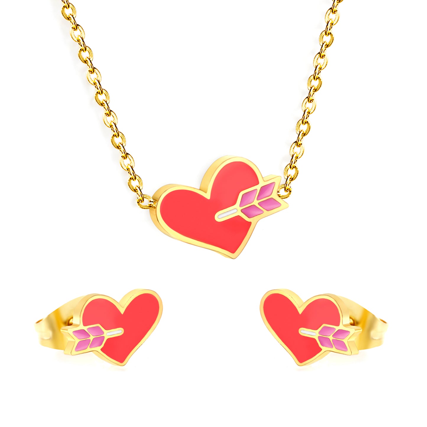 Stainless Steel Gold Arrowhead Heart Set & Cross Chain + Round Pendant Jewelry Supplier
