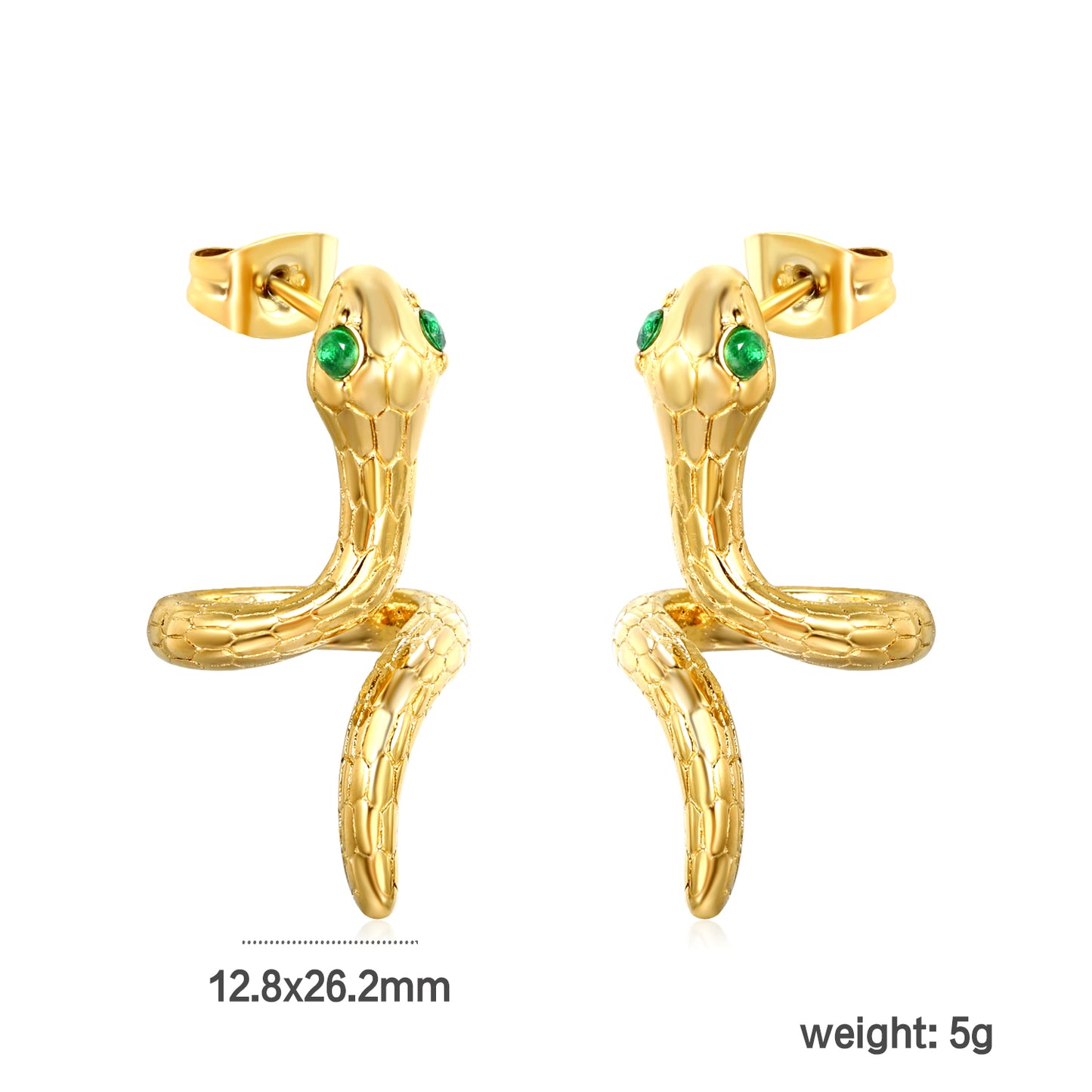 Gold snake with 2 green diamonds stud earrings jewelry supplier