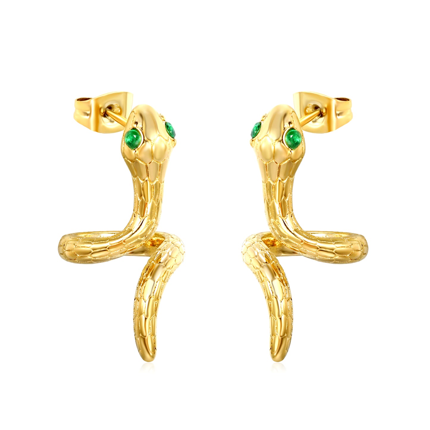 Gold snake with 2 green diamonds stud earrings jewelry supplier