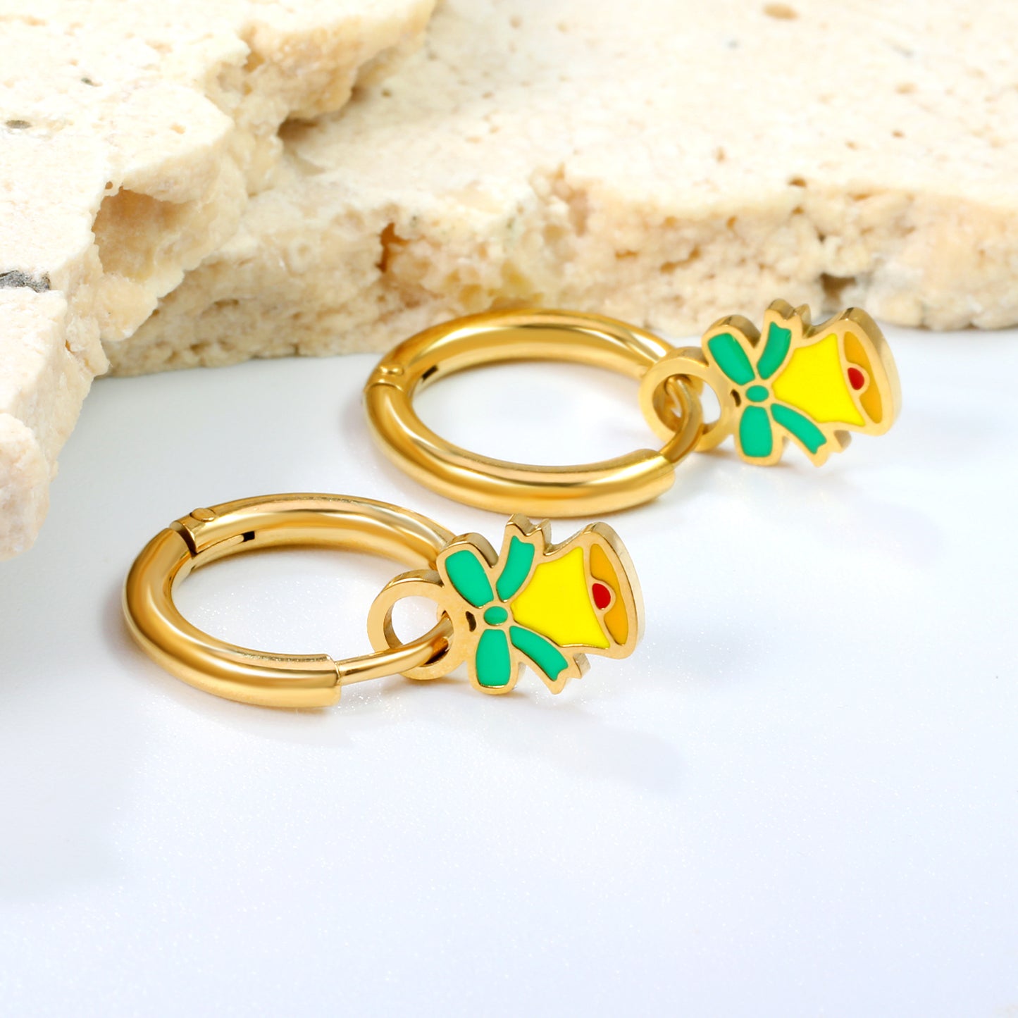 Wholesale Gold Hoop Earrings with Green Bell Decoration
