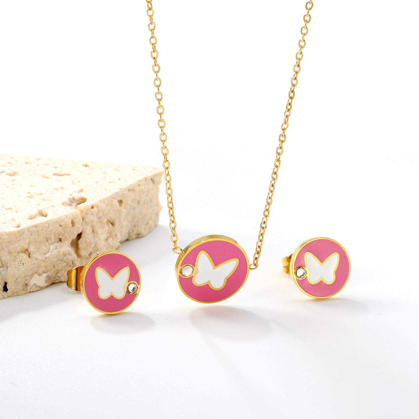 Stainless Steel Gold Round Butterfly with White Diamonds Set & Cross Chain + Round Pendant Jewelry Supplier
