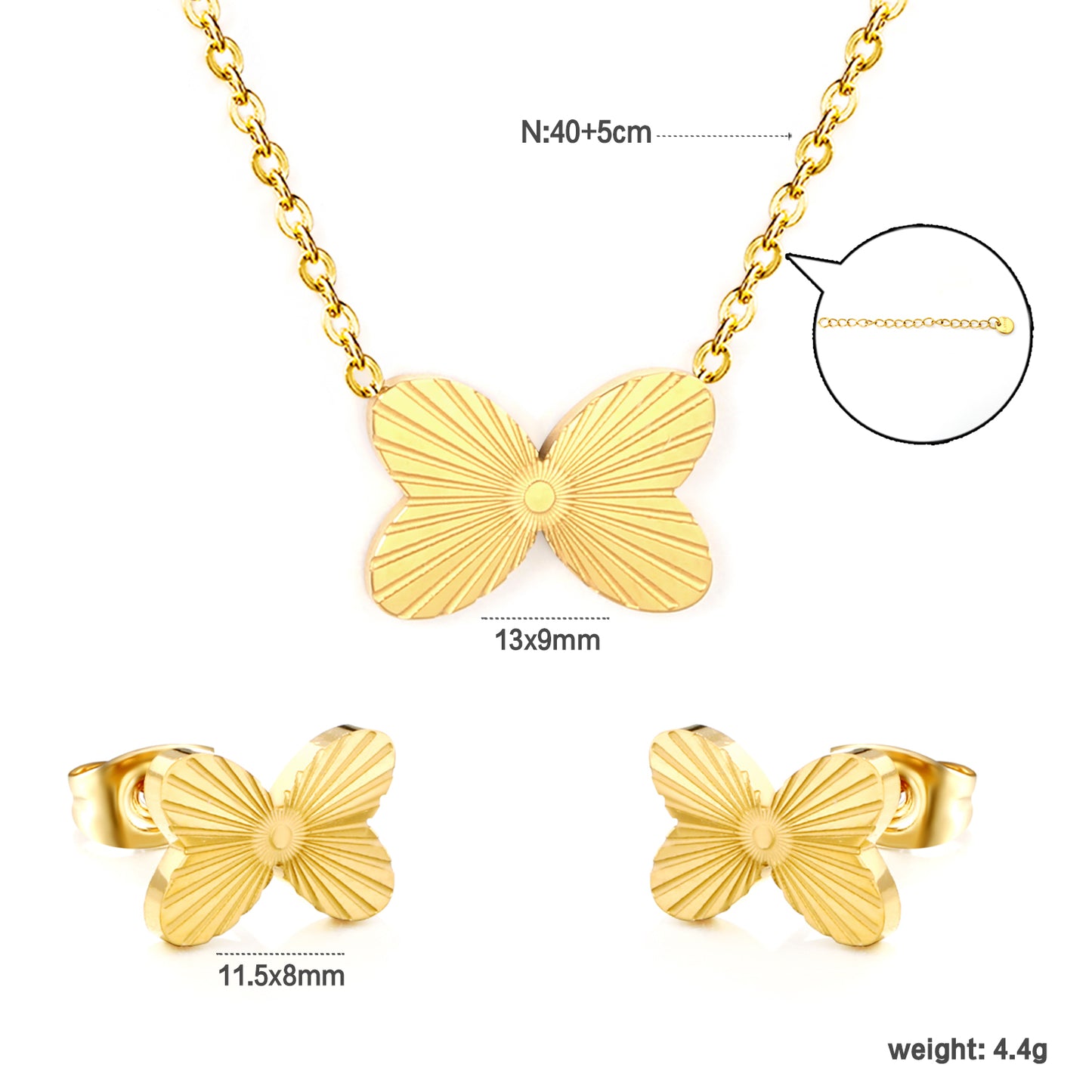 Wholesale 18K Gold Plated Butterfly Jewelry Set Anatomical Wing Detail Necklace Earrings Minimalist Nature