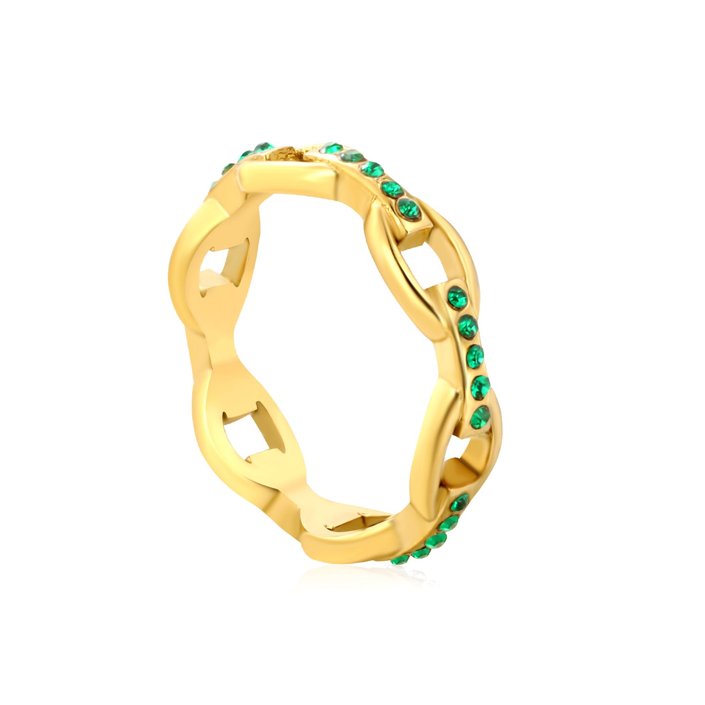 Wholesale 18K Gold Plated Openwork Chain Ring Diamond & Emerald Accent Festive Celebration Luxury