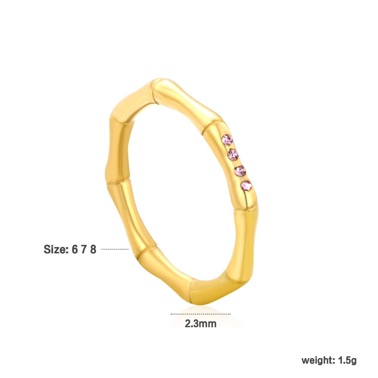 Wholesale 18K Gold Plated Geometric Bamboo Ring Diamond & Amethyst Accent Open Band Minimalist Luxe