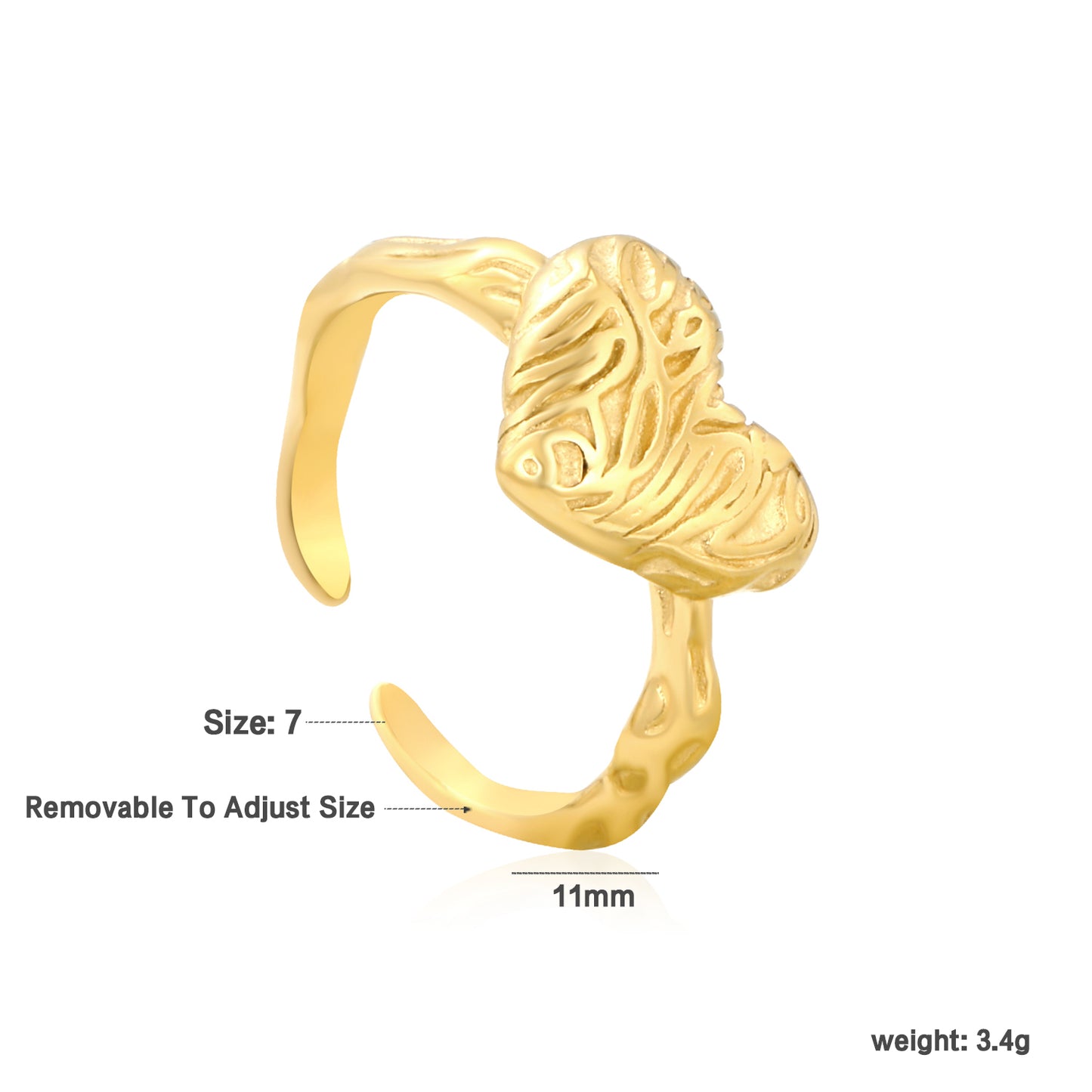 Wholesale 18K Gold Plated Crushed Heart Ring Textured Surface Open Band Industrial Romance