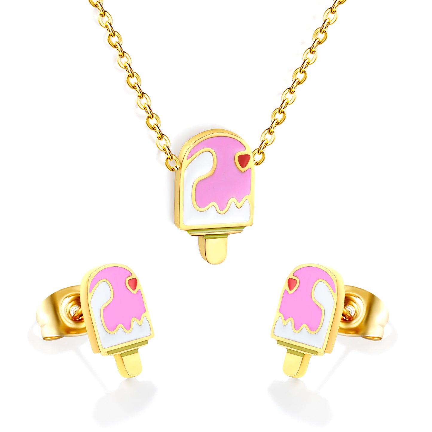 Stainless Steel Gold Ice Cream Set & Cross Chain + Round Plaque Jewelry Supplier