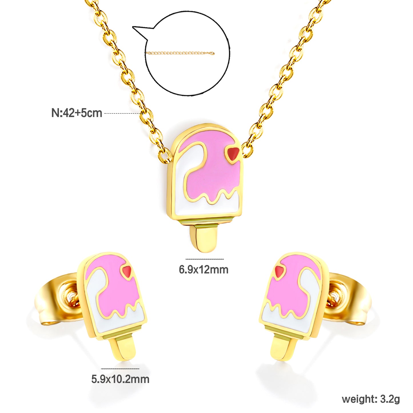 Stainless Steel Gold Ice Cream Set & Cross Chain + Round Plaque Jewelry Supplier