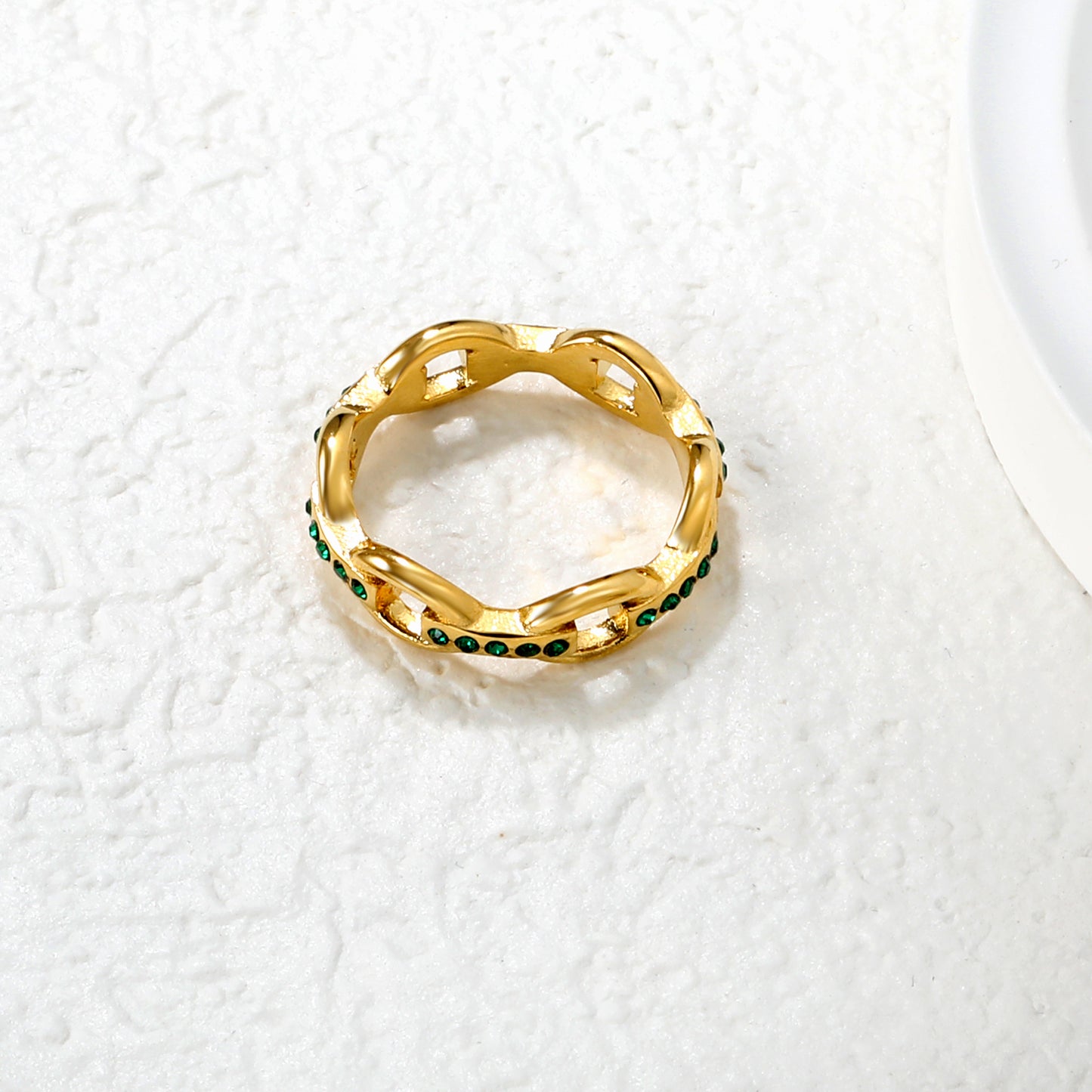 Wholesale 18K Gold Plated Openwork Chain Ring Diamond & Emerald Accent Festive Celebration Luxury