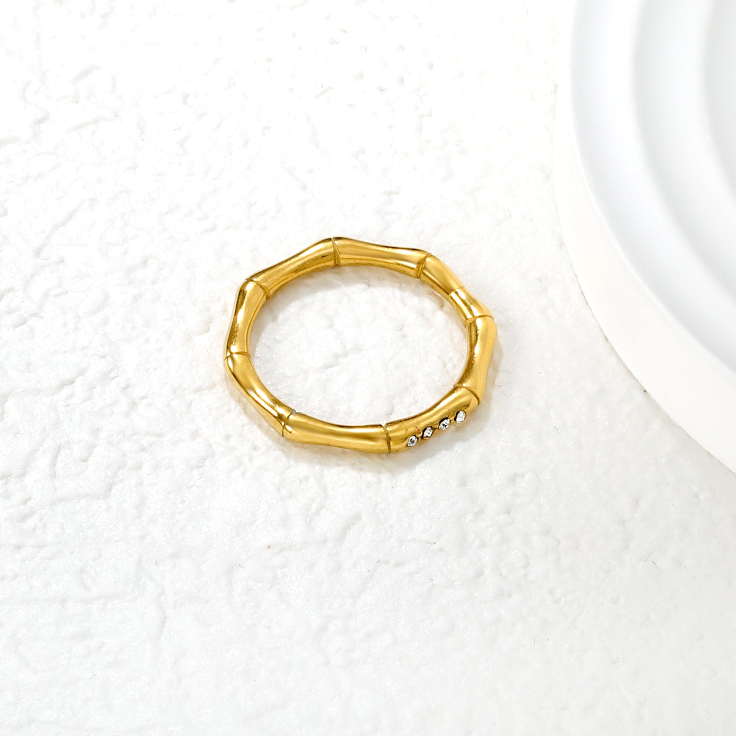 Wholesale 18K Gold Plated Geometric Bamboo Ring Diamond & Amethyst Accent Open Band Minimalist Luxe