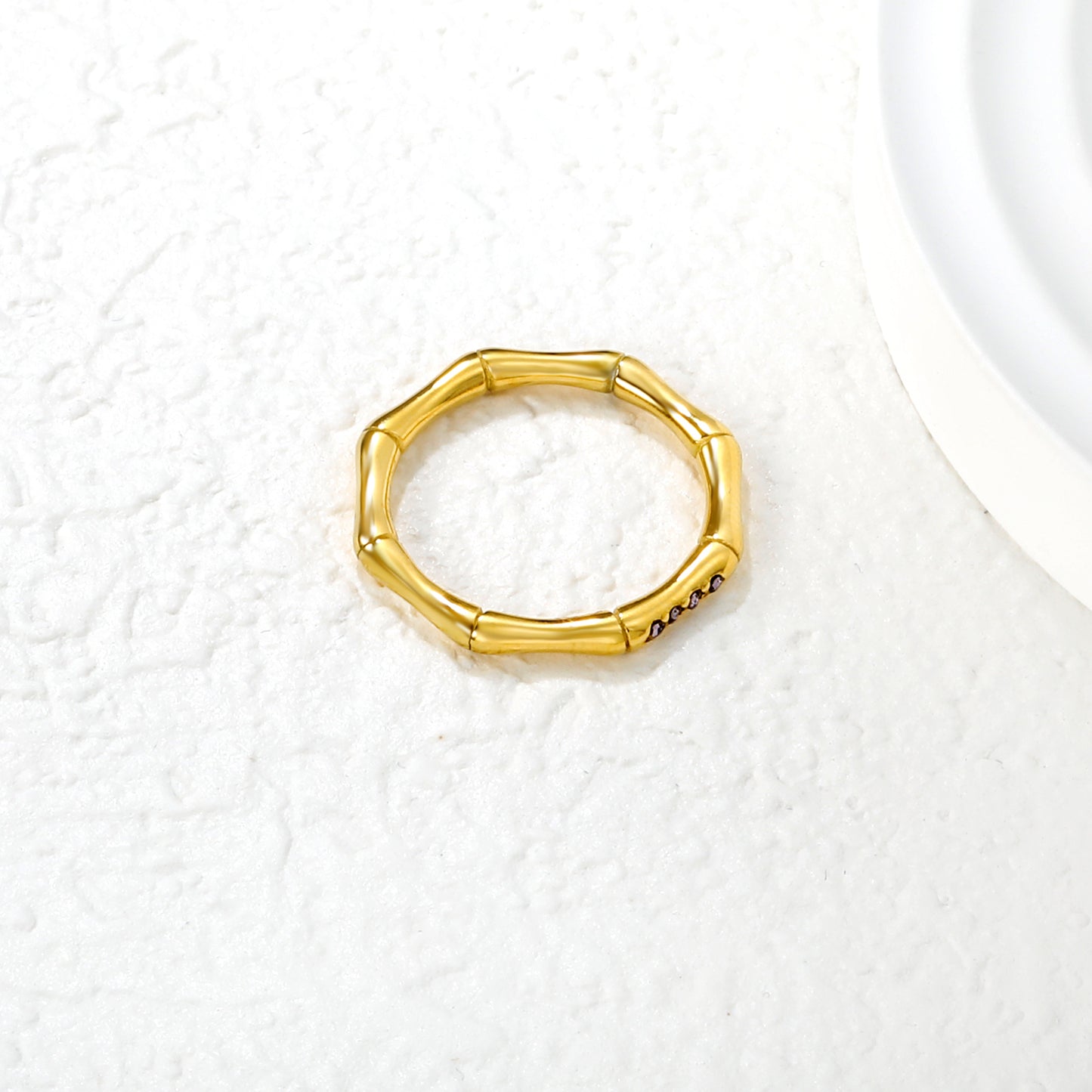 Wholesale 18K Gold Plated Geometric Bamboo Ring Diamond & Amethyst Accent Open Band Minimalist Luxe