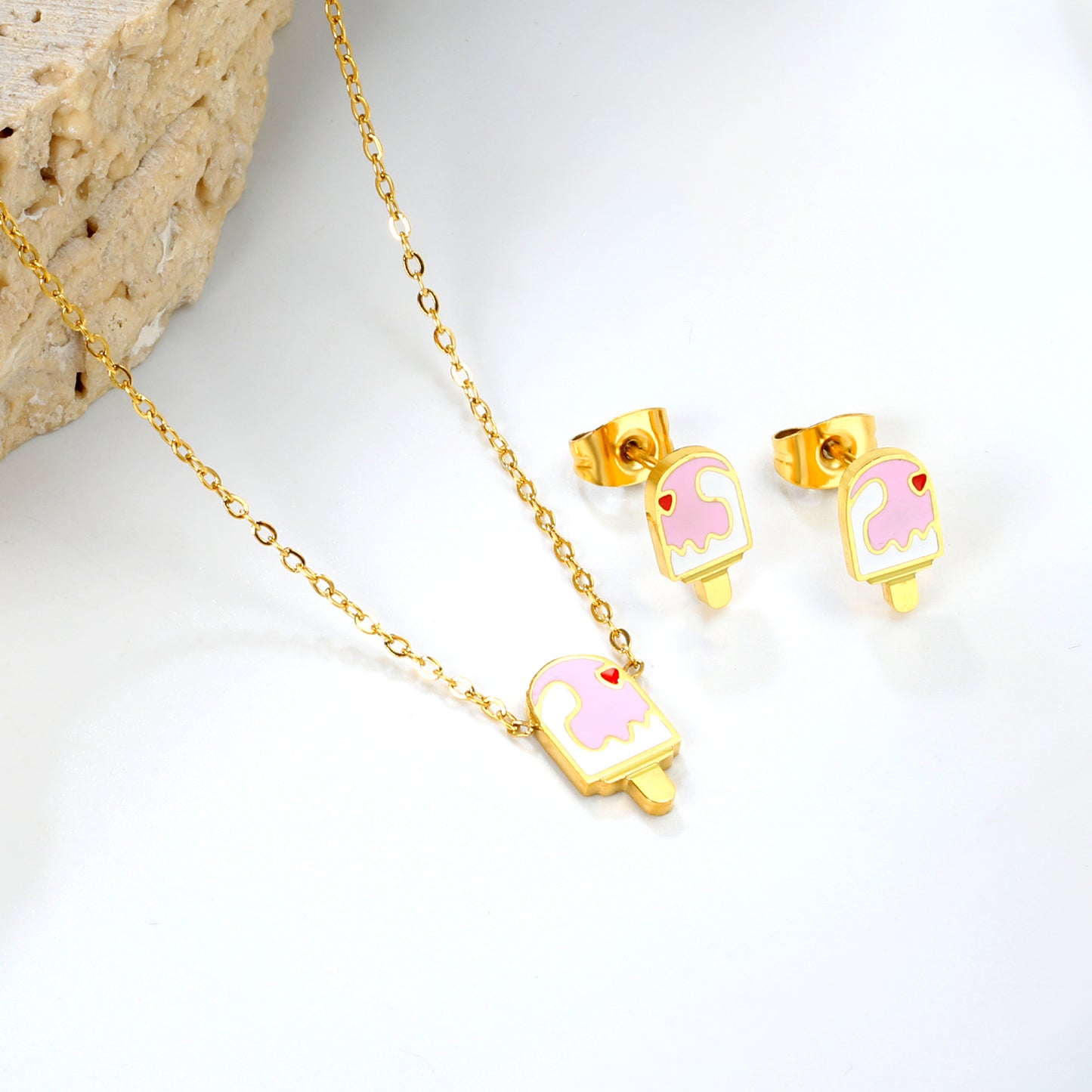 Stainless Steel Gold Ice Cream Set & Cross Chain + Round Plaque Jewelry Supplier