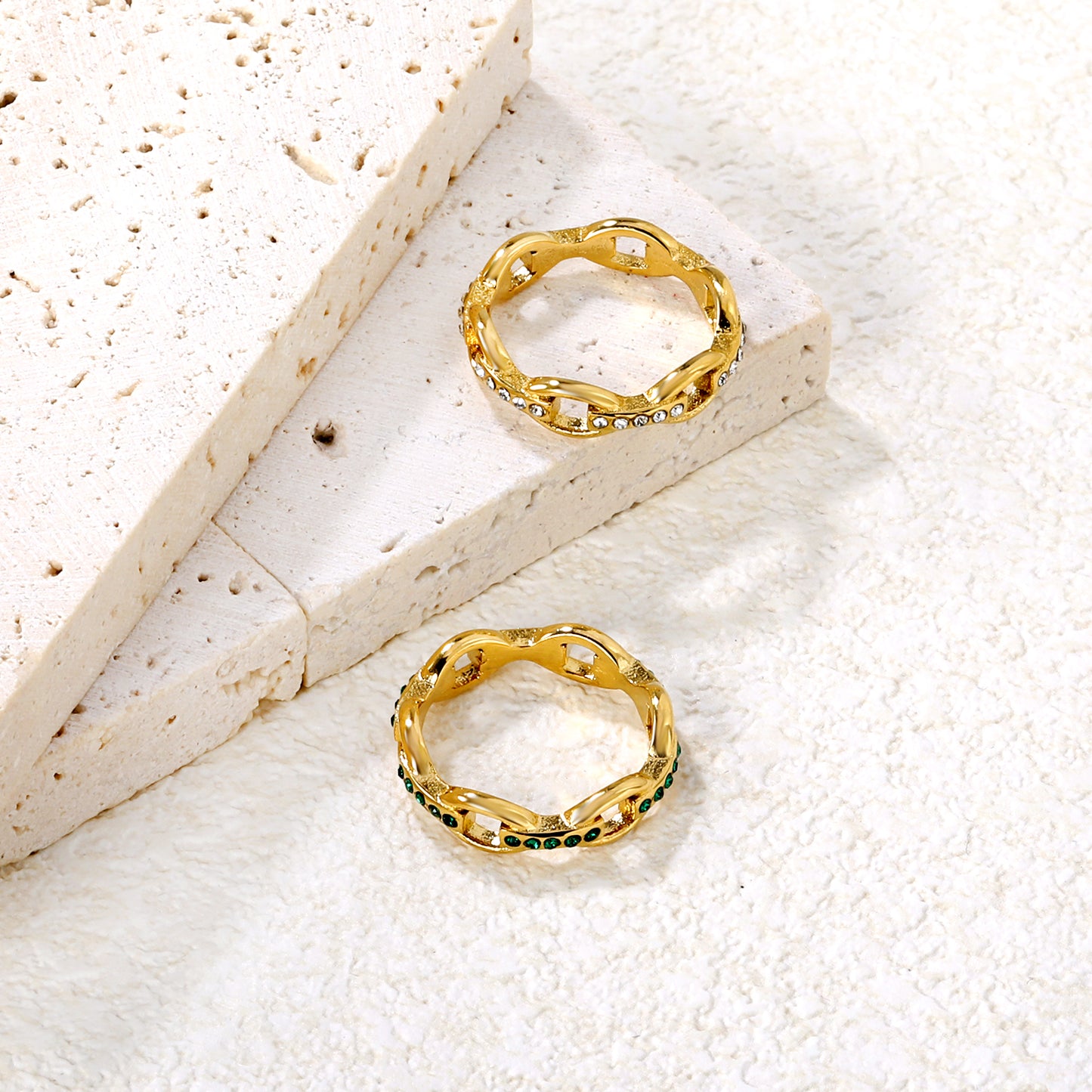 Wholesale 18K Gold Plated Openwork Chain Ring Diamond & Emerald Accent Festive Celebration Luxury