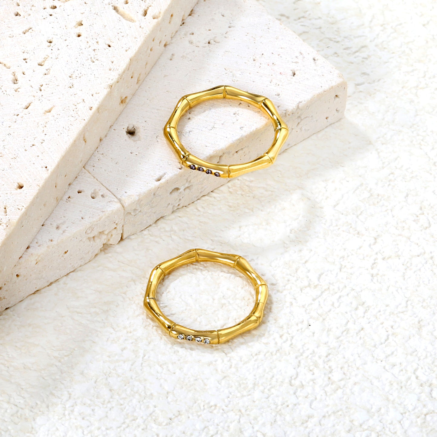 Wholesale 18K Gold Plated Geometric Bamboo Ring Diamond & Amethyst Accent Open Band Minimalist Luxe
