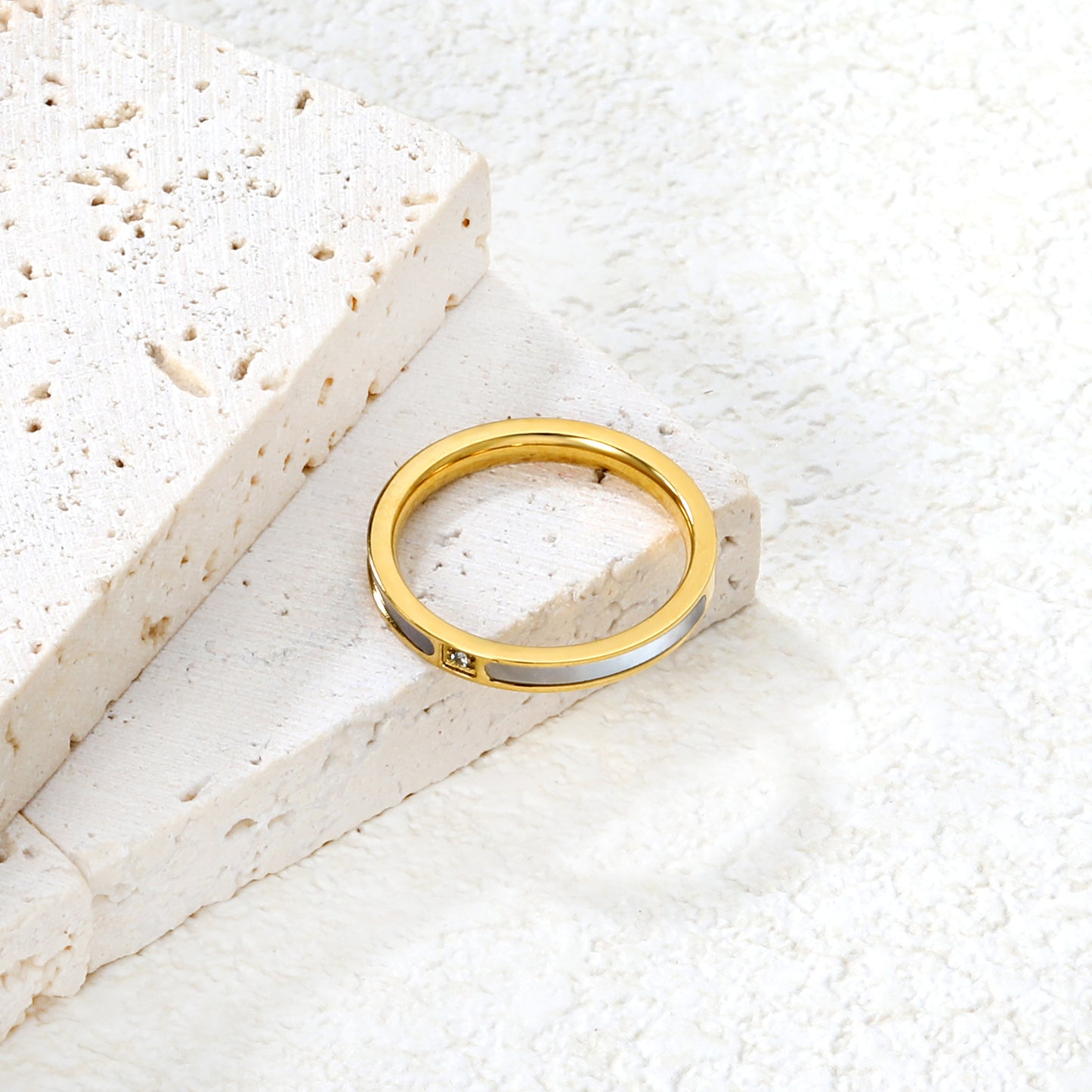 Wholesale 18K Gold Plated Linear Inlay Ring White Accent Strip Diamond Point Minimalist Luxe