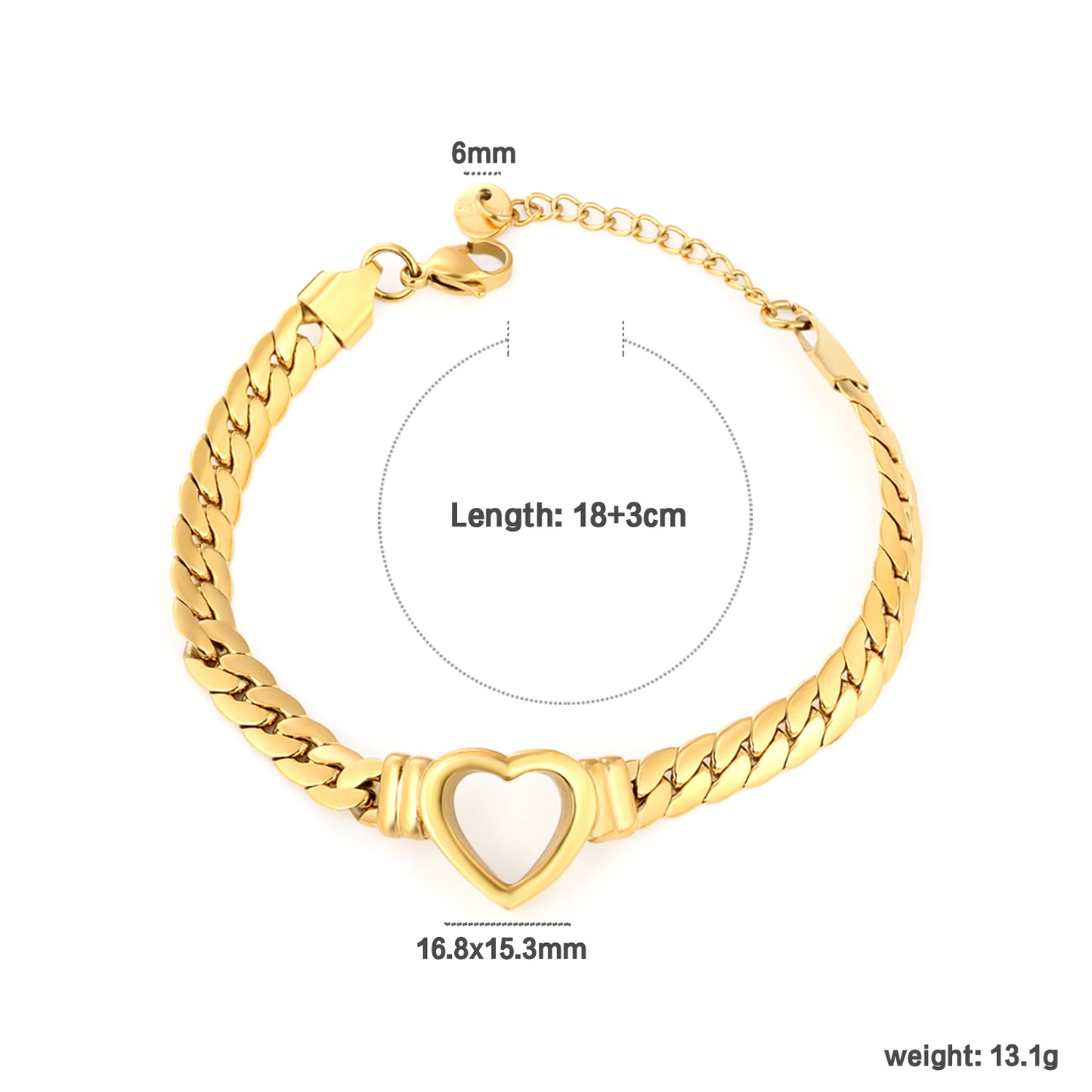 Wholesale 18K Gold Plated Wide Chain Bracelet Heart Mother-of-Pearl Inlay Textured Surface Festive Luxury
