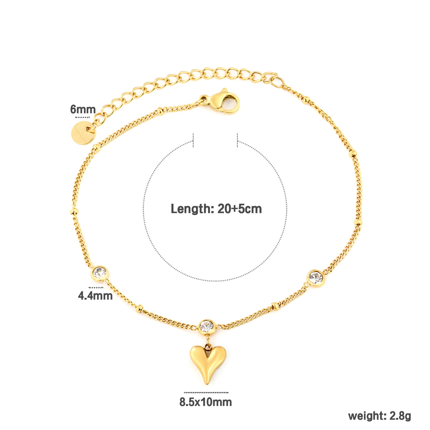 Wholesale 18K Gold Plated Diamond Accent Anklet Minimalist Heart Pendant Delicate Chain Light Luxury