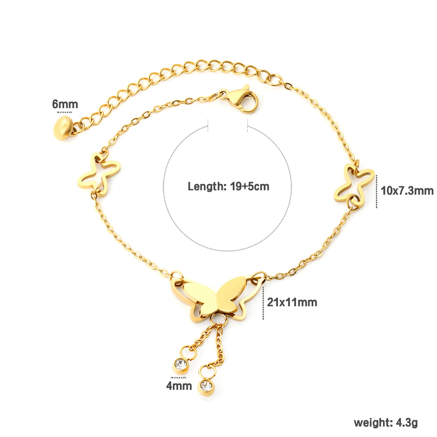 Wholesale 18K Gold Plated Butterfly Anklet with Chain Fringe Adjustable Fit Festival