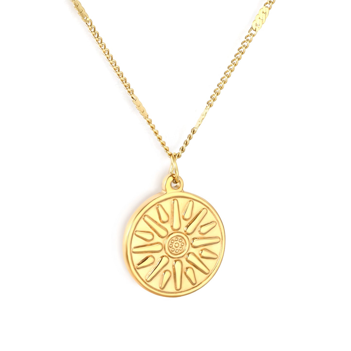 Wholesale 18K Gold Plated Sunburst Medallion Necklace Radial Texture Industrial Vintage