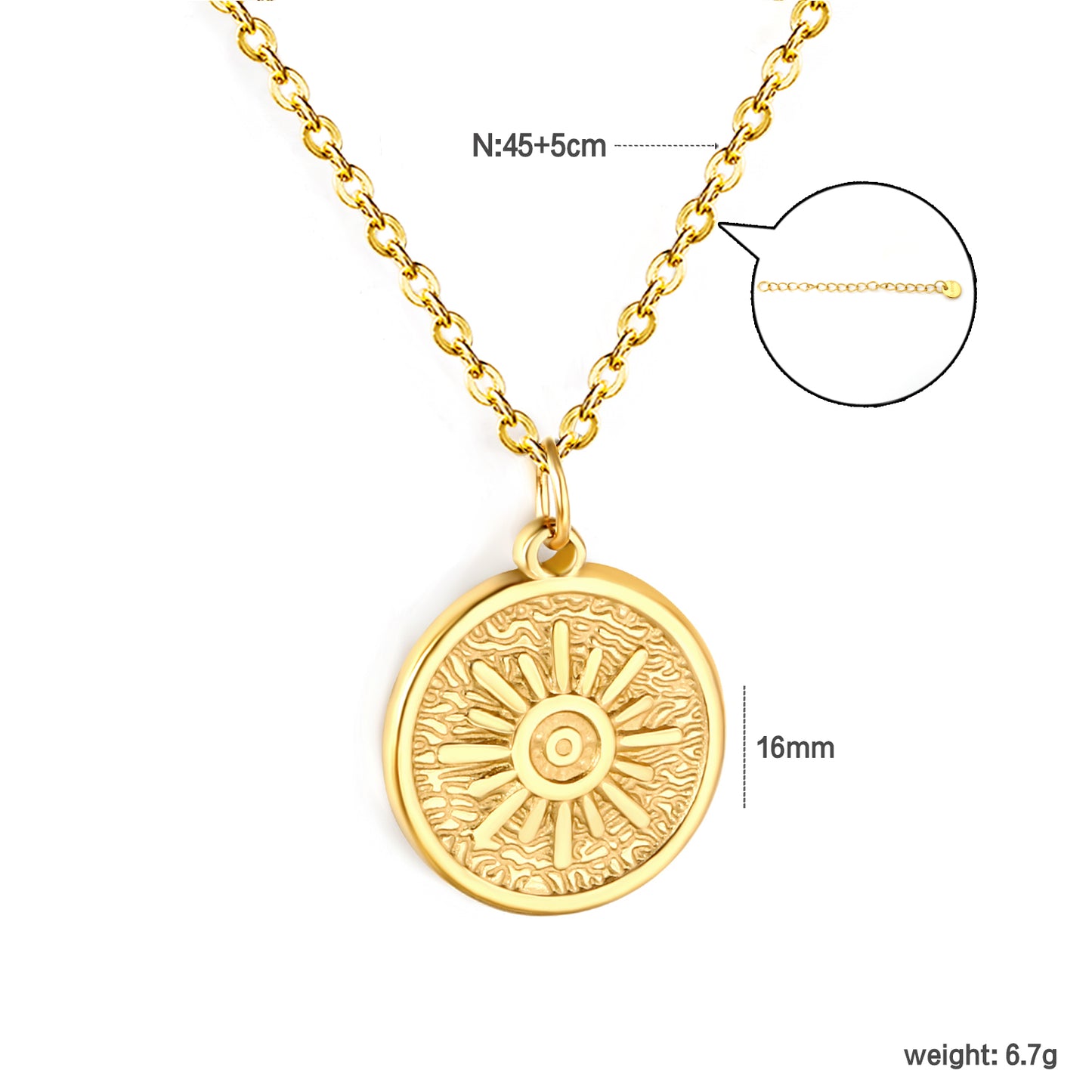 Wholesale 18K Gold Plated Sunburst Medallion Necklace Radial Texture Industrial Natural