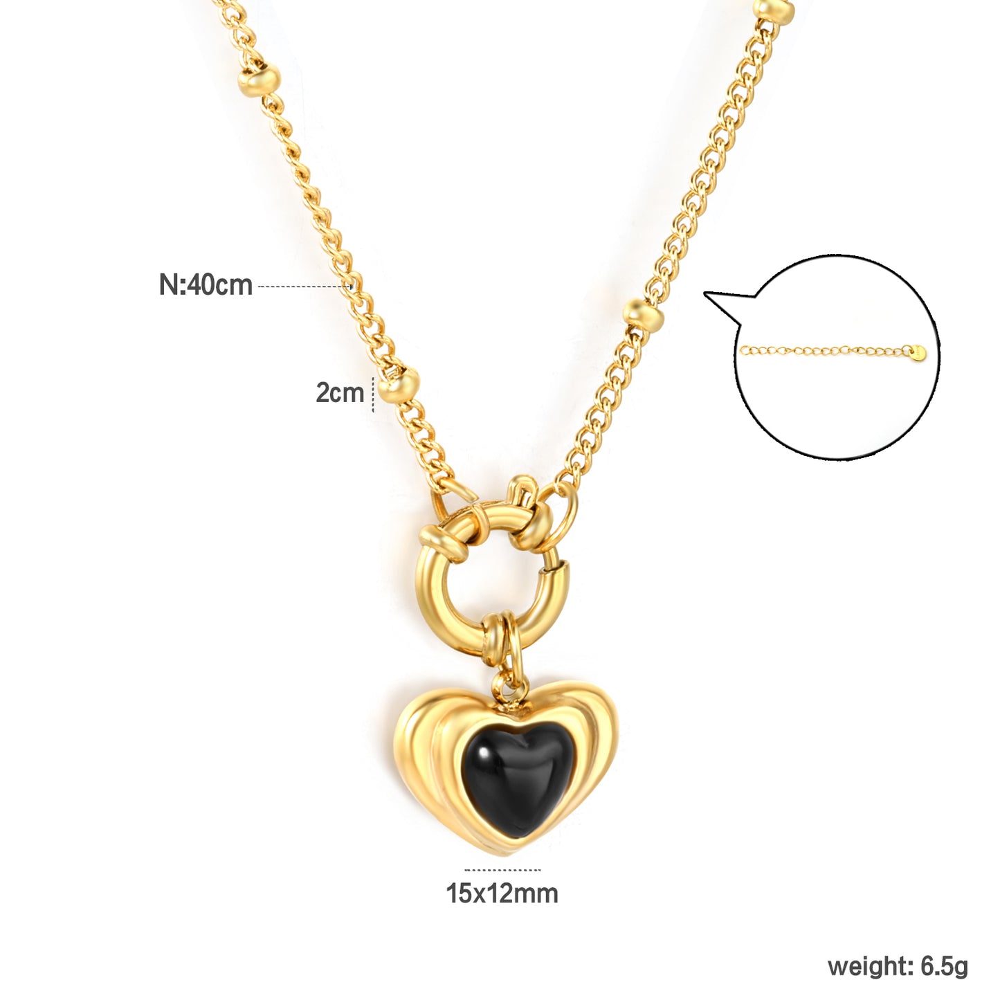 Wholesale 18K Gold Plated Heart Black Gemstone Pendant Necklace Contrast Setting Festival Luxury