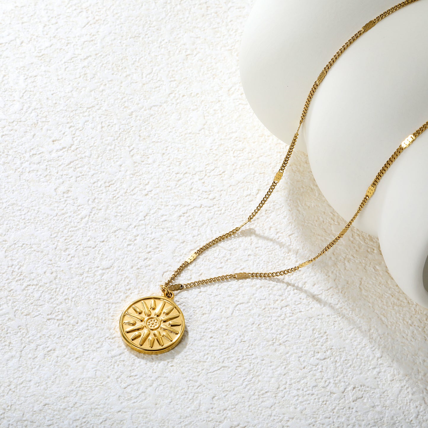 Wholesale 18K Gold Plated Sunburst Medallion Necklace Radial Texture Industrial Vintage