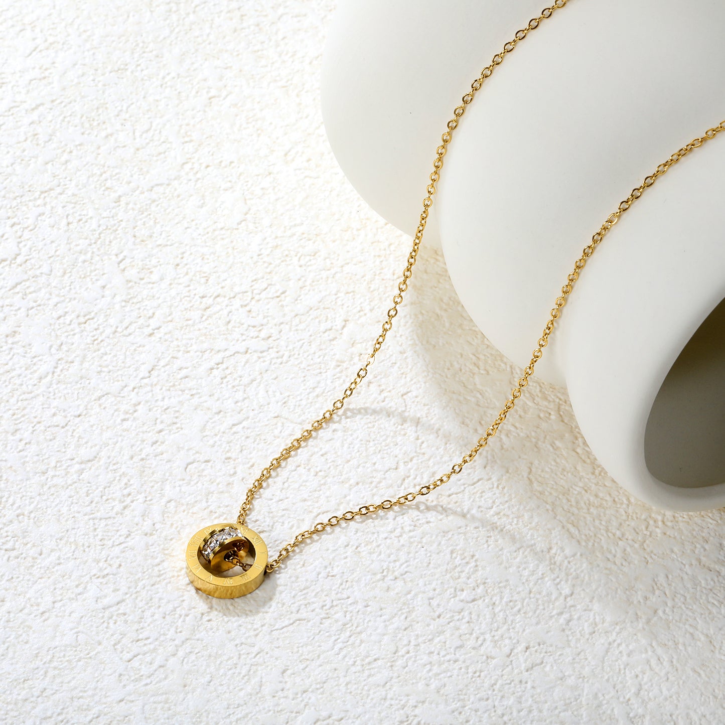 Wholesale 18K Gold Plated Double Ring Diamond Necklace Roman Numerals Rotating Mechanism Futuristic