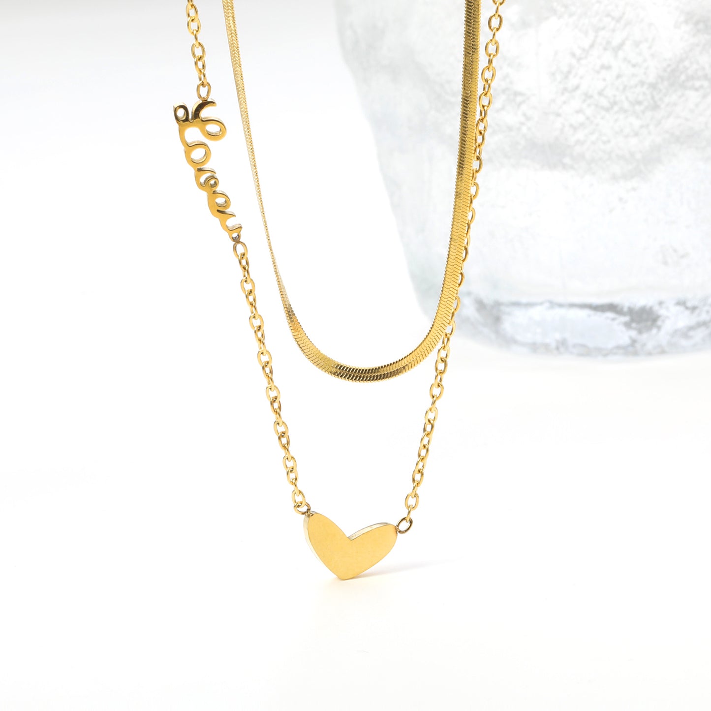 Bulk Gold toned Stainless Steel Double layer Chain with Heart Accent Necklace Fashionable Style