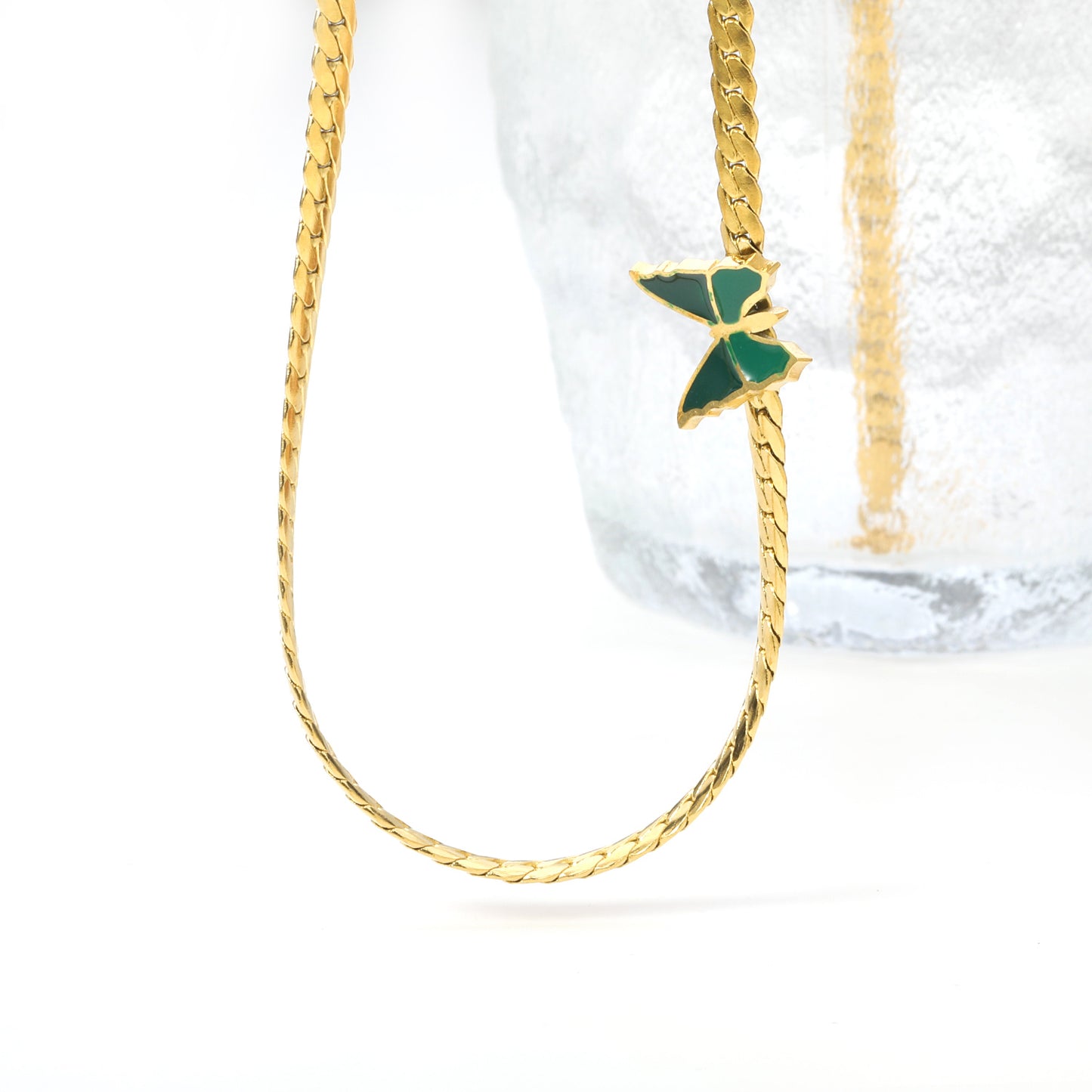 Bulk Stainless Steel Gold Tone Fine Chain Green Butterfly Necklace Delicate Flair