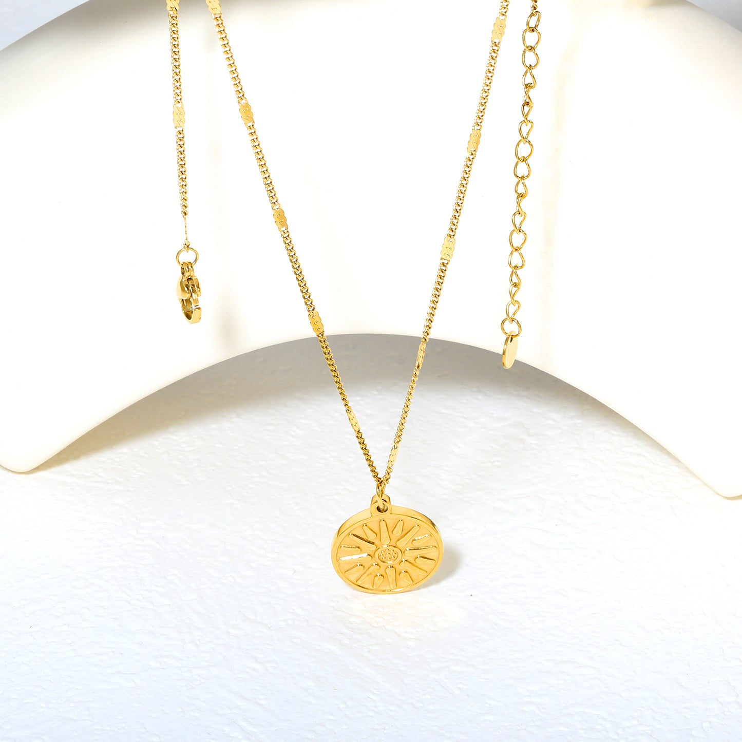 Wholesale 18K Gold Plated Sunburst Medallion Necklace Radial Texture Industrial Vintage