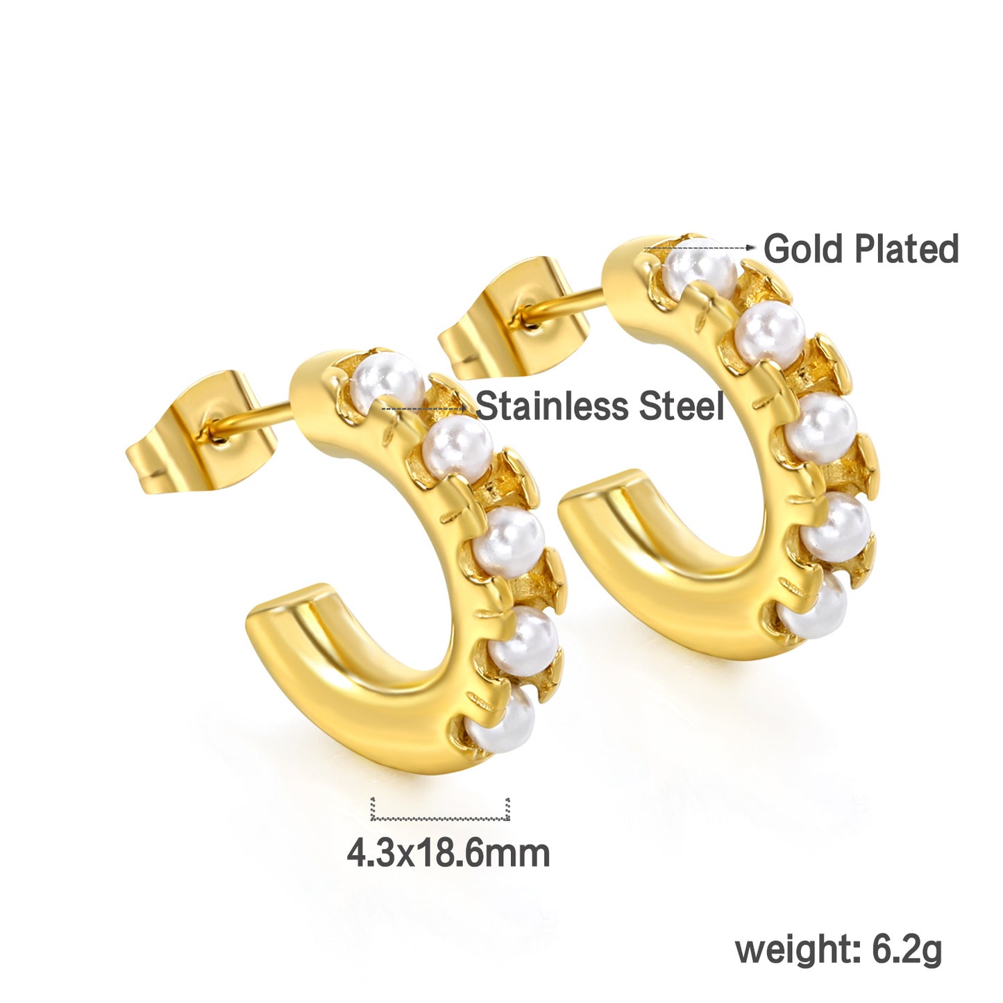 Wholesale Stainless Steel C-shaped Earrings with 5 White Pearls