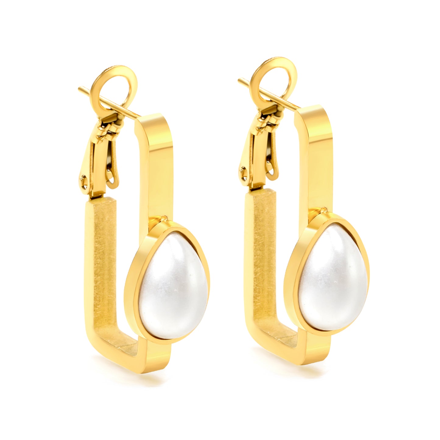 Wholesale Golden Stainless Steel Rectangular Hoop Earrings with Teardrop-Shaped Semi-White Pearls
