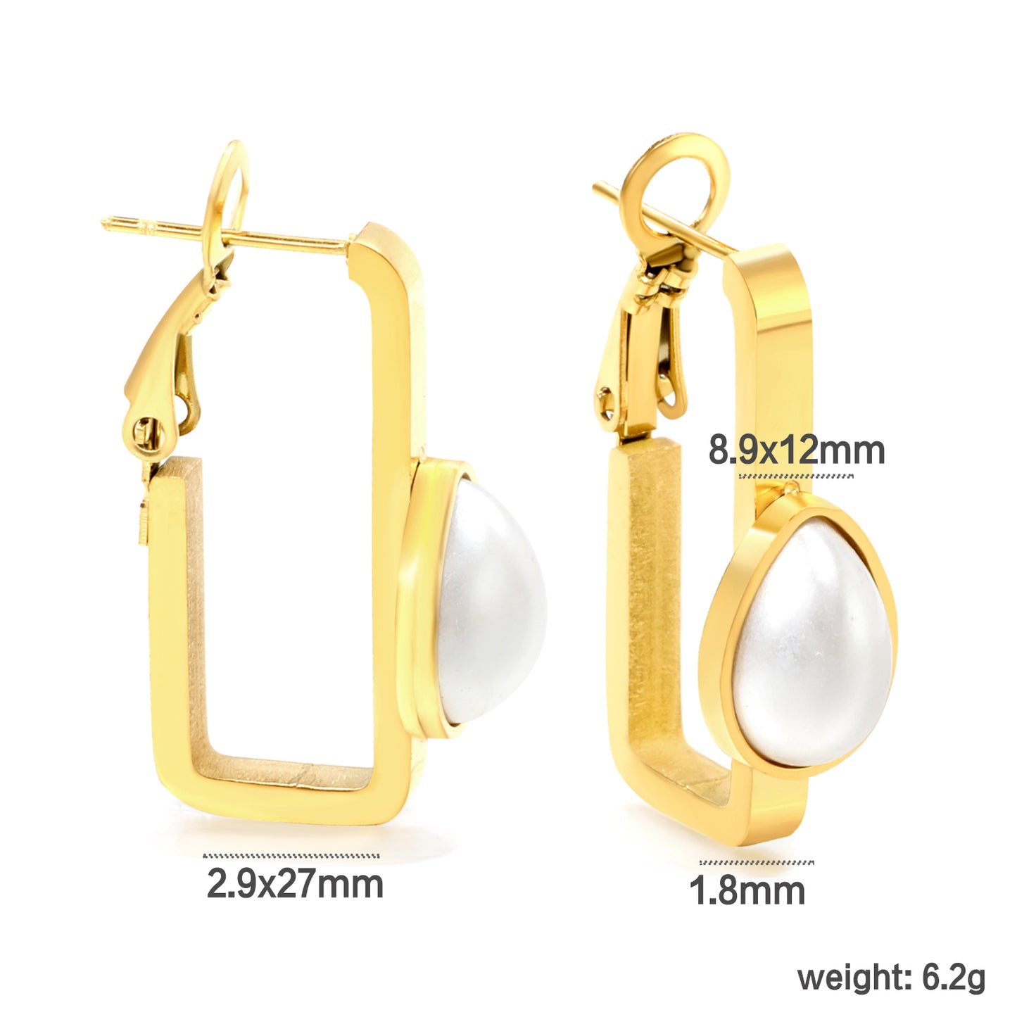 Wholesale Golden Stainless Steel Rectangular Hoop Earrings with Teardrop-Shaped Semi-White Pearls