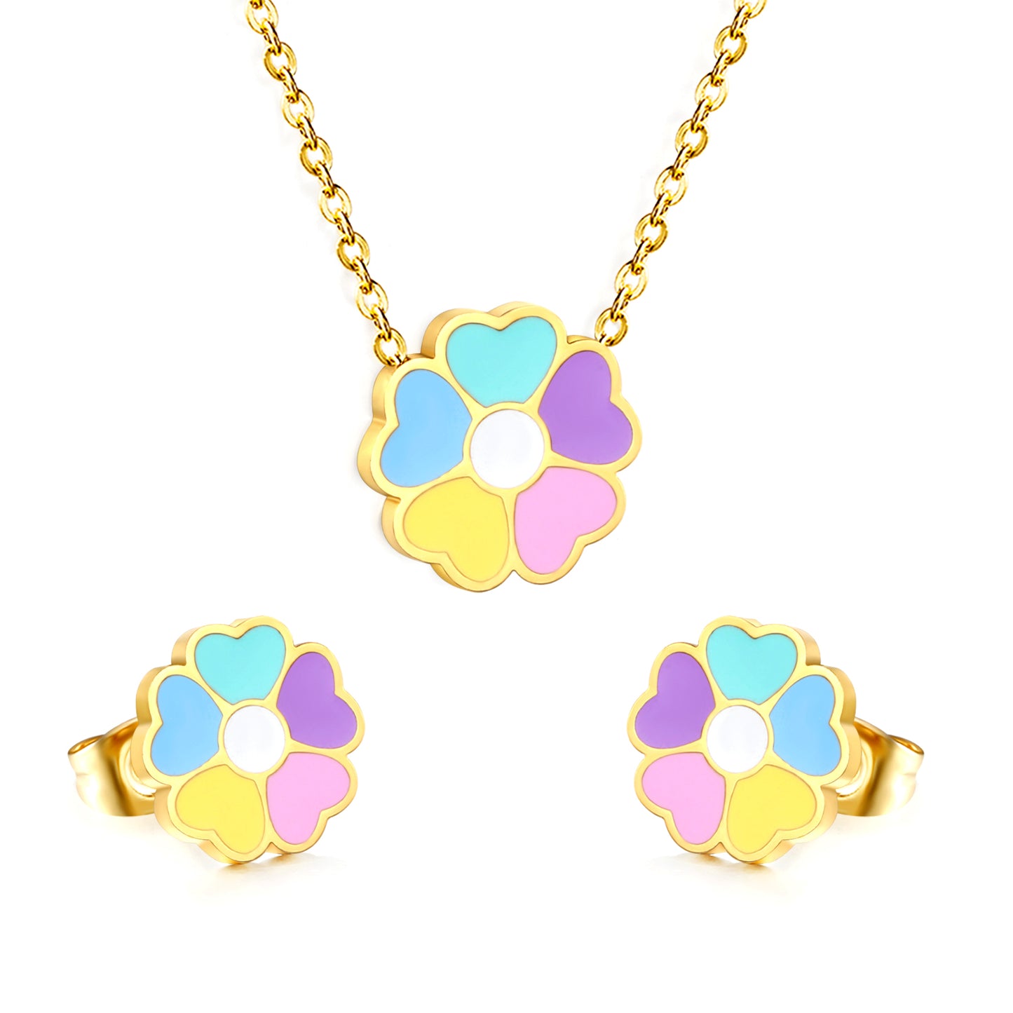 Stainless Steel Gold-Plated Colorful Flower Set & Cross Chain + Round Tag Jewelry Supplier