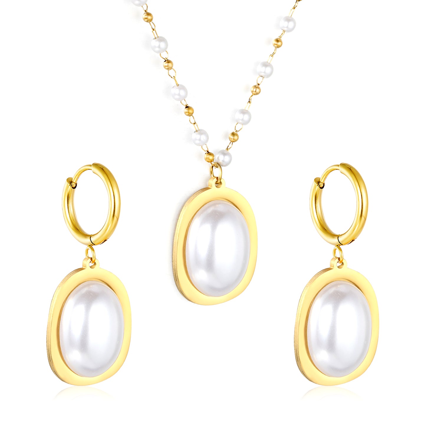 Stainless Steel Gold Pearl Necklace & Earrings Set with Pearl + Steel Bead Chain Round Tail Plaque Jewelry Supplier