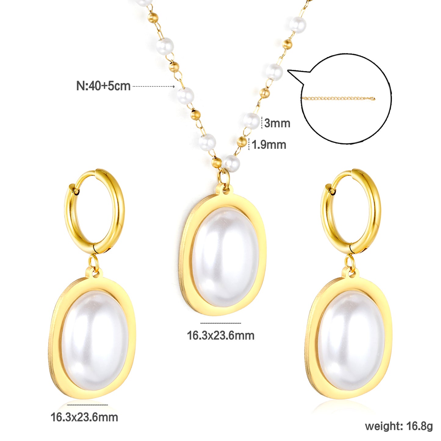 Stainless Steel Gold Pearl Necklace & Earrings Set with Pearl + Steel Bead Chain Round Tail Plaque Jewelry Supplier