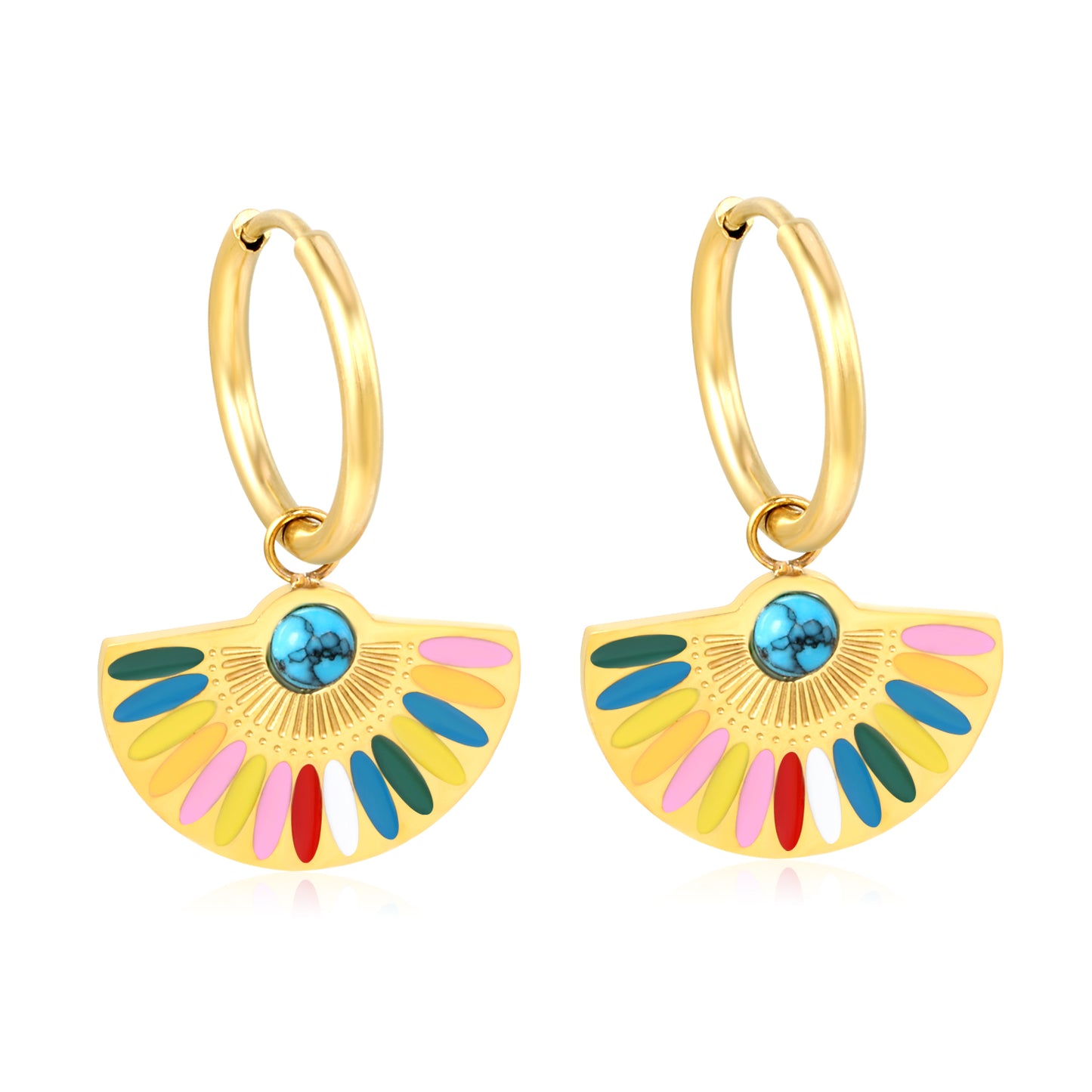 Wholesale Stainless Steel Circle+Scalloped with Colorful Oil Drops+Semi-circle Blue Turquoise Earrings