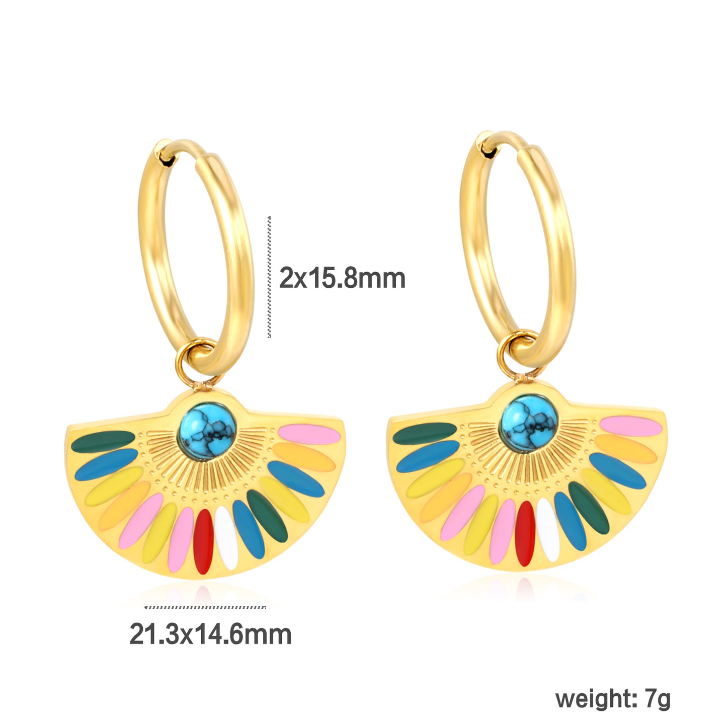 Wholesale Stainless Steel Circle+Scalloped with Colorful Oil Drops+Semi-circle Blue Turquoise Earrings
