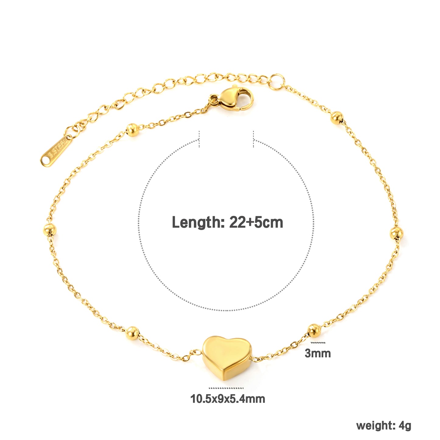 Wholesale Stainless Steel Romantic Heart & Bead Anklet