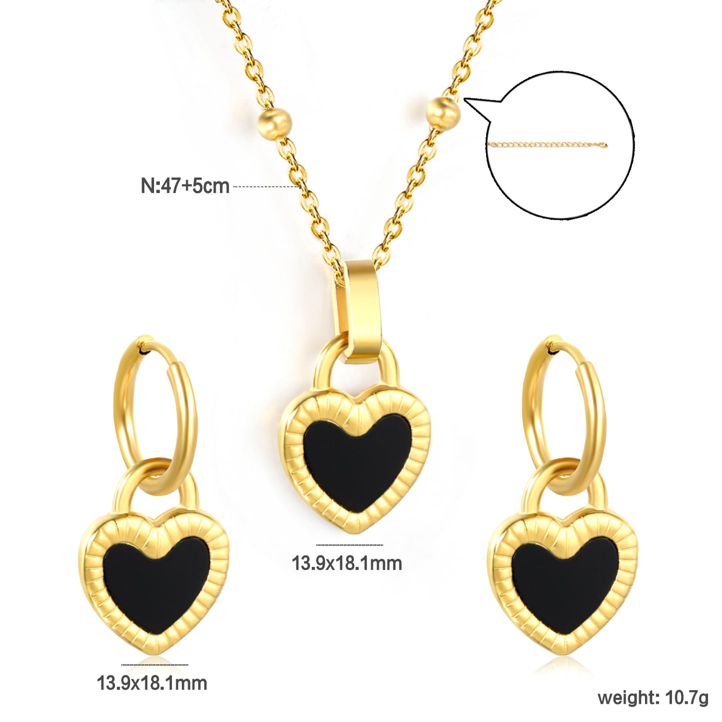 Stainless Steel Gold Double-Sided Black Shell Heart Set & Pearl Chain + Round Tag Jewelry Supplier