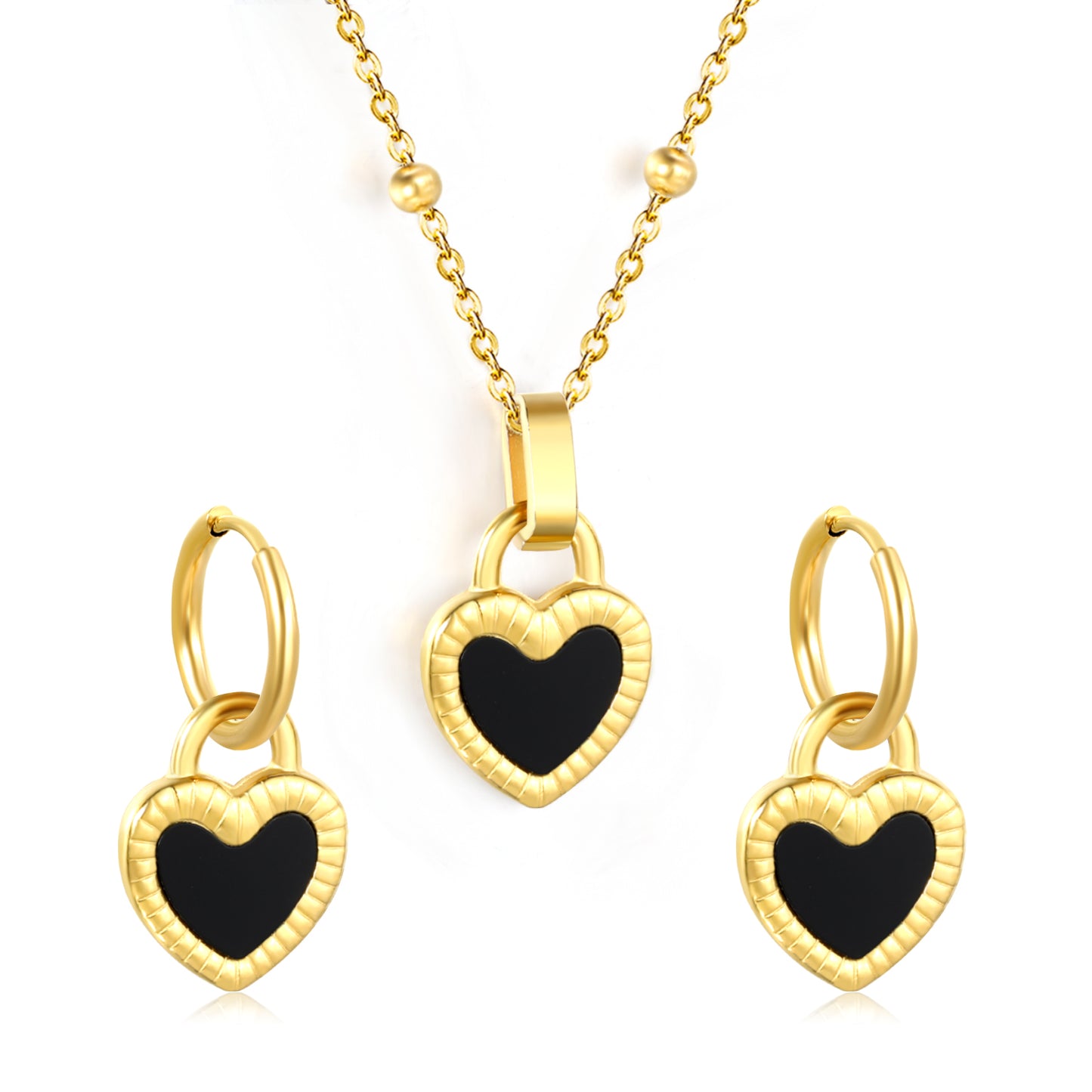 Stainless Steel Gold Double-Sided Black Shell Heart Set & Pearl Chain + Round Tag Jewelry Supplier