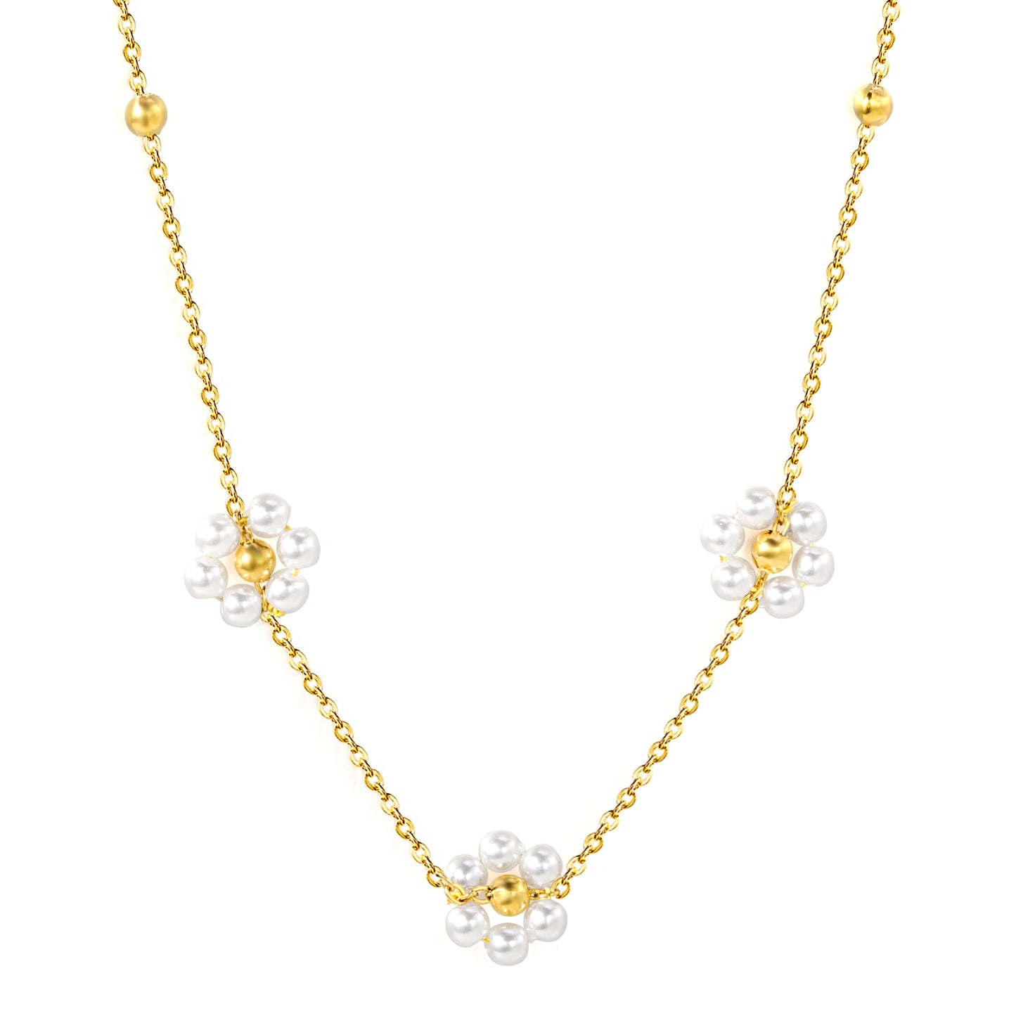 Wholesale Stainless Steel Beads 3 Flowers with White Pearls Pendant Necklace