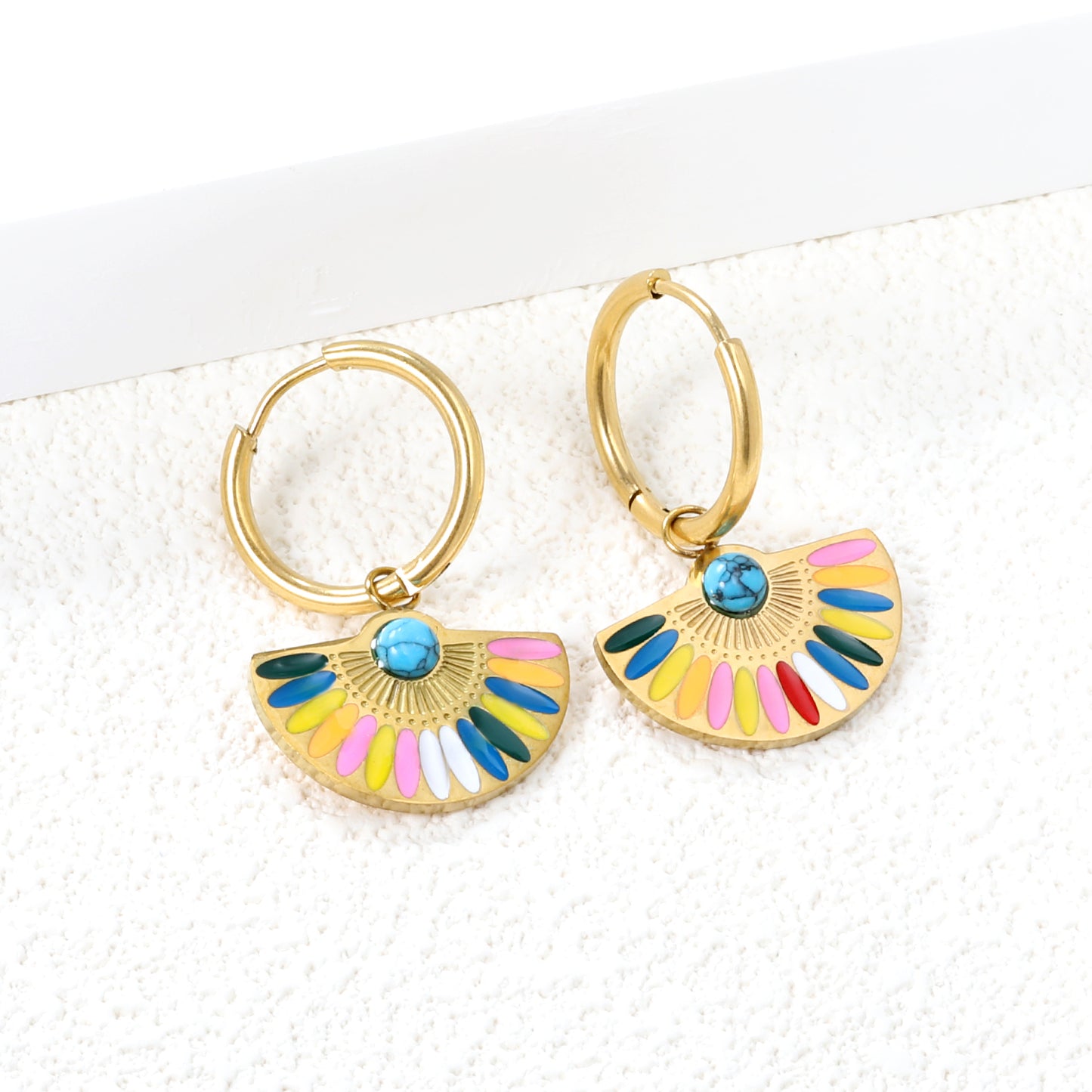 Wholesale Stainless Steel Circle+Scalloped with Colorful Oil Drops+Semi-circle Blue Turquoise Earrings