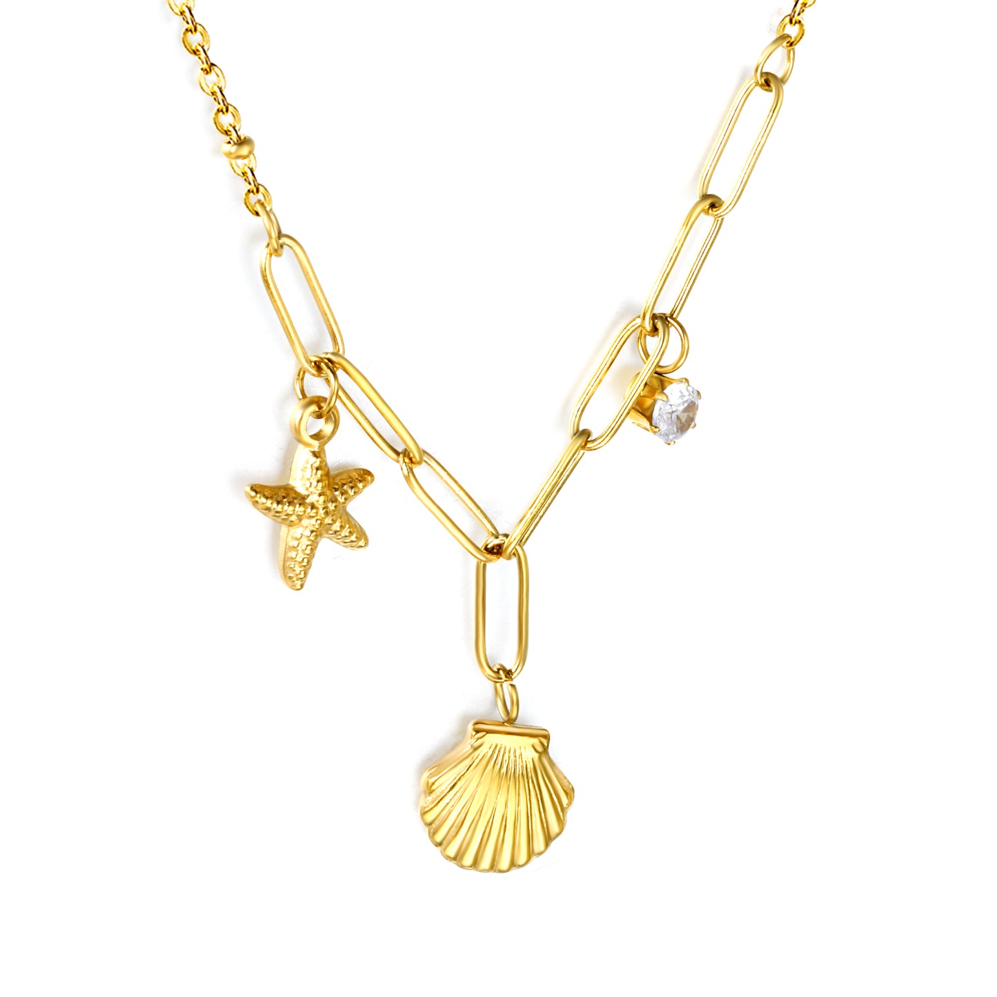 Stainless Steel Gold Shell + Starfish + Cylinder White Diamond Necklace Jewelry Supplier
