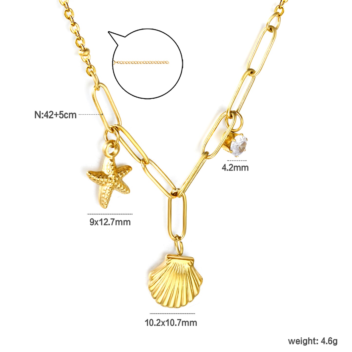 Stainless Steel Gold Shell + Starfish + Cylinder White Diamond Necklace Jewelry Supplier