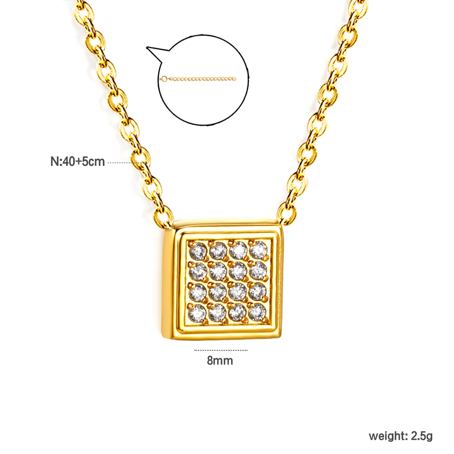 Wholesale 18K Gold Plated Square Diamond Pendant Necklace Full Setting Minimalist Modern
