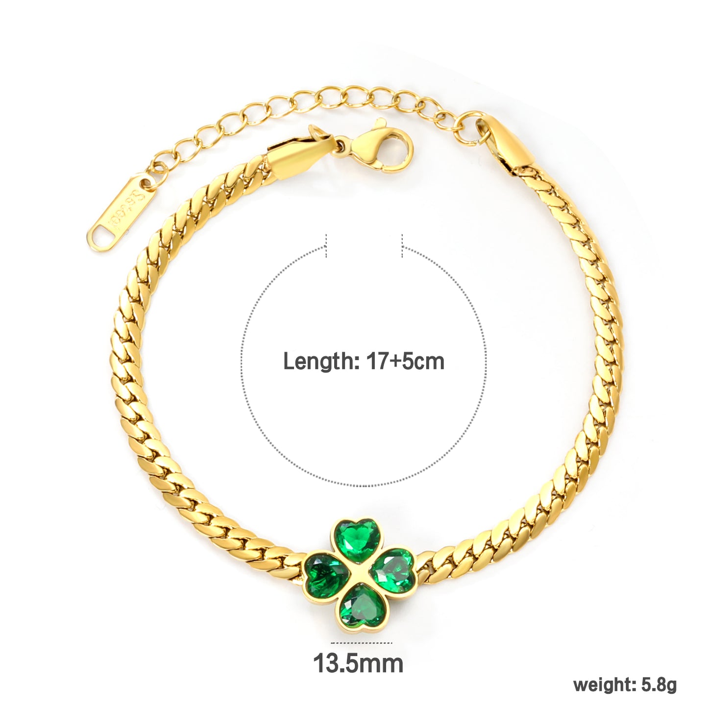 Wholesale Stainless Steel Lucky Clover Green Zircon Bracelet