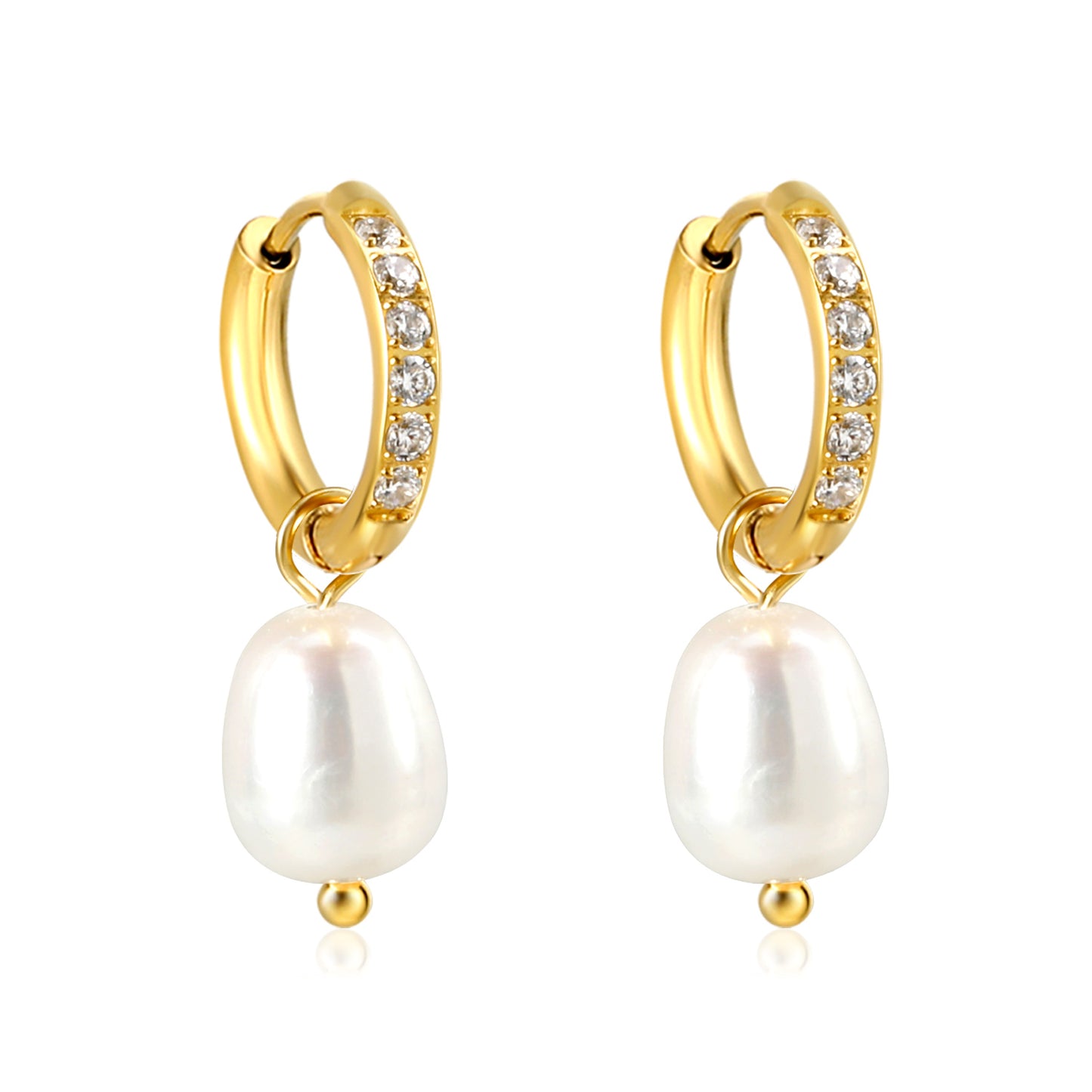 Wholesale Stainless Steel Circle with 6 White Diamonds + Oval White Pearl Earrings